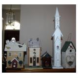 Decorative Wood Birdhouses, Qty 4, Tallest Measures 29.5" x 5" Church, And Stained Glass Birdhouse 7