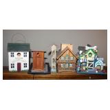 Decorative Wood Birdhouses, Qty 5, Includes Pet Shop And Outhouse, Range In Size From 9.25" x 3.5" T