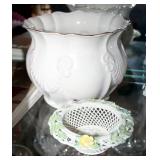 Belleek Bowl Marked Millennium 2000, 6.5" Tall x 6" Round And Belleek Open Weave Porcelain Basket Di