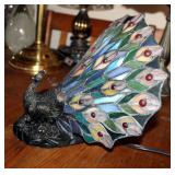 Decorative Peacock Lamp And Stained Glass Table Lamp With Metal Base, 22" Tall