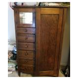 Antique Solid Wood Six-Drawer Mirrored Wardrobe With Casters, 61" x 38" x 20"