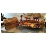 Carved Wood Bowl With African Wildlife Figures, Made In Kenya, And Carved Wood Lidded Box