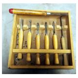 Wood Lathe Hand Tools Including Wood Case, Qty 7