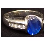 14K White Gold Ring With Clear And Blue Stones, Size 6, Approx 9.6 g Total Weight