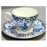 Delft Pitcher And Clogs And Blue & White Teacups And Saucers (2 Sets)