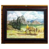 W.M. Wright Print On Canvas Of Cowboy By Mountain, Framed, 29.5" Wide x 23.5" High