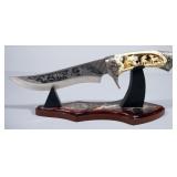 Wolf Themed Fixed Blade Knife With Dimensional Handle And Engraved Images On Blade, 7" Blade, On Dis