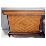 Bar And 3 Bar Stools, Bar Has Tiled Top, Woven Reed Front, And 3 Shelves, 39" High x 54" Long x 18" 