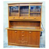 Mid-Century Modern Illuminated China Cabinet With 3-Compartment Hutch, 4-Drawers And Lower Storage, 