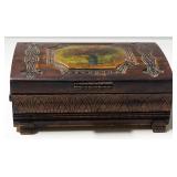 Decorative Wood Box With Hinged Lid, Carved Design And Floral Image On Lid, Approx 4.5" High x 11" W