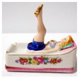 Vintage Porcelain Ash Trays Of Bath Tub And Woman On A Bed, Woman