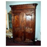 Antique Solid Wood 2 Door Armoire, With Carved Wood Accents And Key, 83" x 58" x 30"