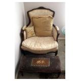 Antique Upholstered Parlor Chair With Carved Rose Back Trim, Padded Arm Rests, And Cabriole Legs, In