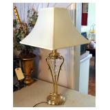 Brass And Cut Glass Urn Lamp With Cloth Shade, And Brass Candle Stick Lamp, 26" Tall