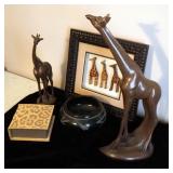 Giraffe Figures, Qty 2, Framed Giraffe Shadow Box, Elephant Poopoo Paper, And Hand Crafted Clay Bowl