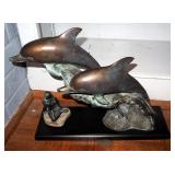 Bronze Dolphin Statuette, 11" x 15" x 5", Mermaid Figurine, And Faux Pirate Coins