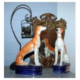Ceramic Art Deco Grey Hound Pair, 8.5" Tall, Metal Perched Bird, And Table Mirror