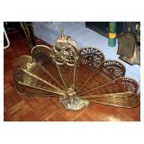 Ornate Vintage Brass Peacock Fireplace Screen, 25" x 38"
