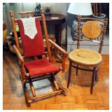 Antique Turned Wood Rocker With Upholstered Seat And Back, And Turned Wood Chair With Cane Seat And 