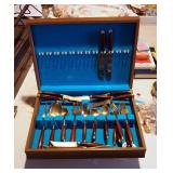 Vintage Siam Thailand Brass & Teak Wood 26 Piece Flatware Set In Felt Lined Wood Box