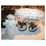 Fretsie Porcelain Baby Doll, 10.5" Tall, With Stand, And Wicker Wire Baby Carriage