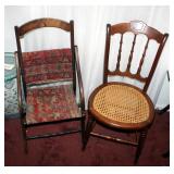 Vintage Solid Wood Folding Chair, With Woven Tapestry Seat And Spindle Back Chair With Cane Seat