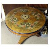 Solid Wood Pedestal Table With Painted Fruit And Floral Design With Glass Cover, 32" X 36" Round