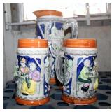 Ceramic Beer Stein Set Including Pitcher And 4 Cups With Etched Glass Beer Steins, Flip Top Lids