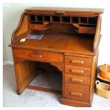 Antique Solid Wood 7 - Drawer Rolltop Desk With Dovetail Construction, 