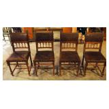 Antique Solid Wood Dining Chairs With Tooled Leather Seat & Back, Qty 4