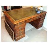 Three Piece Solid Wood 7 - Drawer Executive Desk With Inlaid Leather Top, 30.5" x 61" x 37"