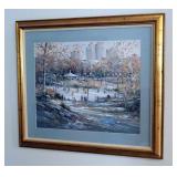 Framed Matted Under Glass Signed Print Depicting Ice Skating In City Park, Numbered 906 Of 1250, 30"
