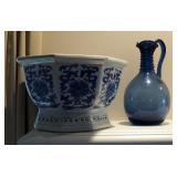 Painted Ceramic Planter 8.25" x 13.25", With Hand Blown Art Glass Pitcher