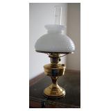 Converted Brass Alladin Hurricane Lamp With Frosted Hobnail Glass Shade, 23" Tall