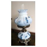 Antique Painted Glass Hurricane Lamp 23", Ceramic Duck And Blue Glass Bud Vase