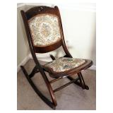 Antique Solid Wood Folding Rocker With Needle Point Back And Seat