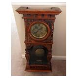Antique Pendulum Wall Clock With Brass Faceplate, 30" x 13.5" x 7"