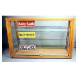 Circa 1930s Candy Counter Display Cabinet, Bullnose Glass, Sliding Glass Doors, With Vintage Candy B