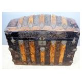 Antique Camelback Trunk, Relief Floral Tinwork, Wood And Metal Bumpers, Insert Tray, Paper Lining On