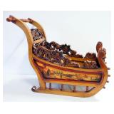 Ornate Carved Solid Wood Sleigh With Vintage Images On Sides, Approx 25" High x 31" Long x 19" Wide