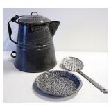 Gray Enamelware Coffee Pot, Plate, And Skimmer