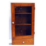 Antique Cabinet With Glass Door, 2 Shelves, And Lower Drawer, 24" High x 12.5" Wide x 6.5" Deep