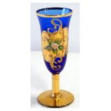 Bohemian Czech Cobalt Blue And Gold Drinking Glasses With Relief Enamel Flowers, Qty 5