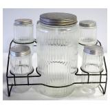 Vintage Glass Range Shaker And Jar Set In Wire Rack, Includes 8" High Jar, 4.5" Jars (2), And 4 Shak