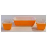 Pyrex Bakeware, Orange, Includes 1-1/2 Quart Casserole Dish And 1-1/2 Cup Dishes With Lids (Qty 2)