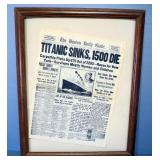 Titanic Sinks Newspaper From The Boston Daily Globe April 16, 1912, Possibly Reprint, Framed Under G