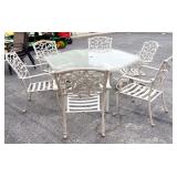 Hampton Bay 6-Sided Patio Table With Leaf Pattern Glass Top, 6 Matching Chairs (2 Swivel), Table Is 