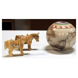 Horsehair Pottery Bowl Vase, 4.75" High And Carved Stone Horses, Qty 2, 3" High