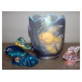 Fenton Iridescent Carnival Art Glass Fish Vase, 6.5" High x 5.75" Diameter, Fenton Pink Sunfish, 3" 