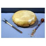 Hand Crafted 12" Rawhide Drum And Beaded Gourd Rattle